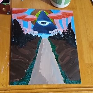 Blue and Pink UFO Mushrooms Painting with Eye and Triangular Form